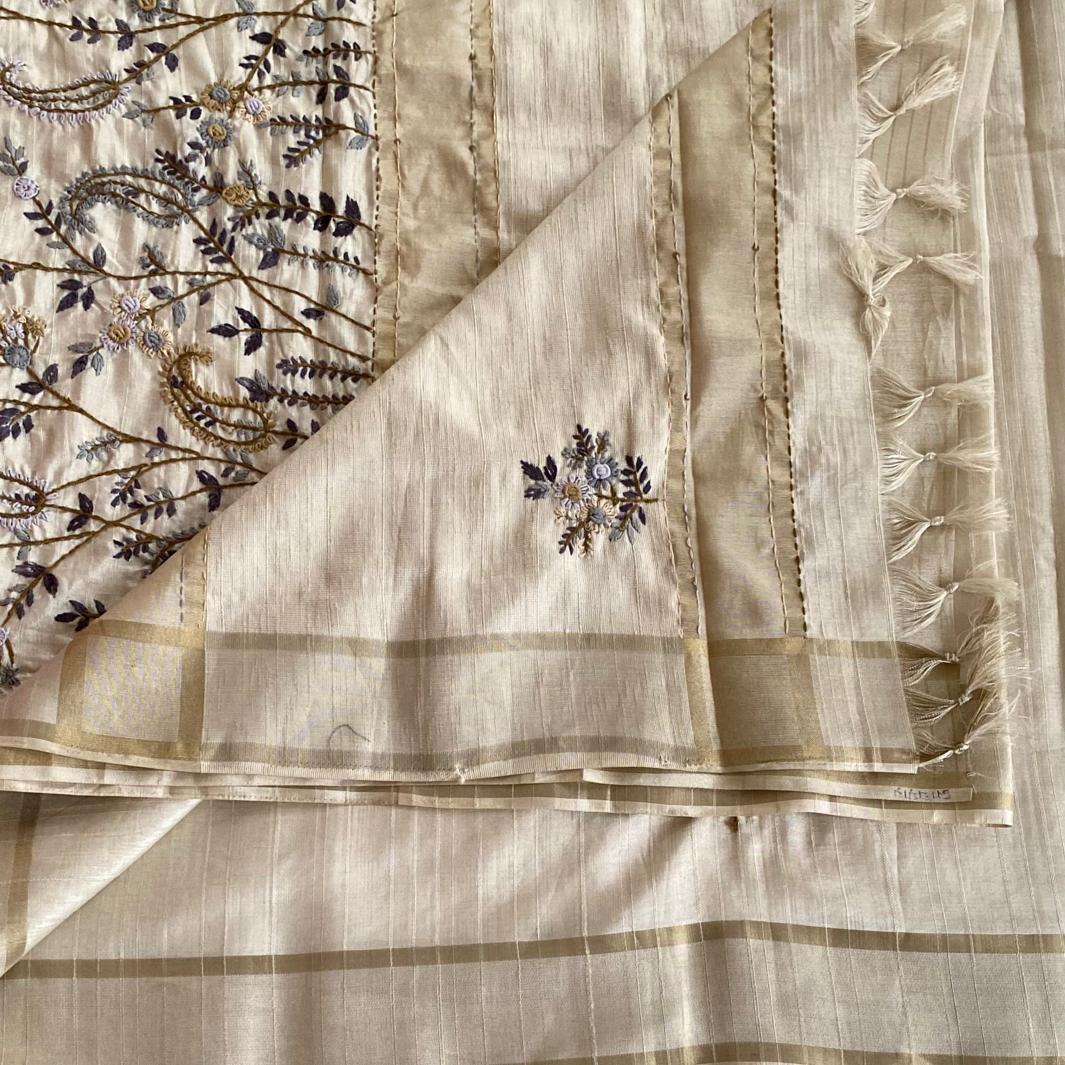 Ivory Beige Embroidered Floral Saree with Gold Border Elegant Traditional