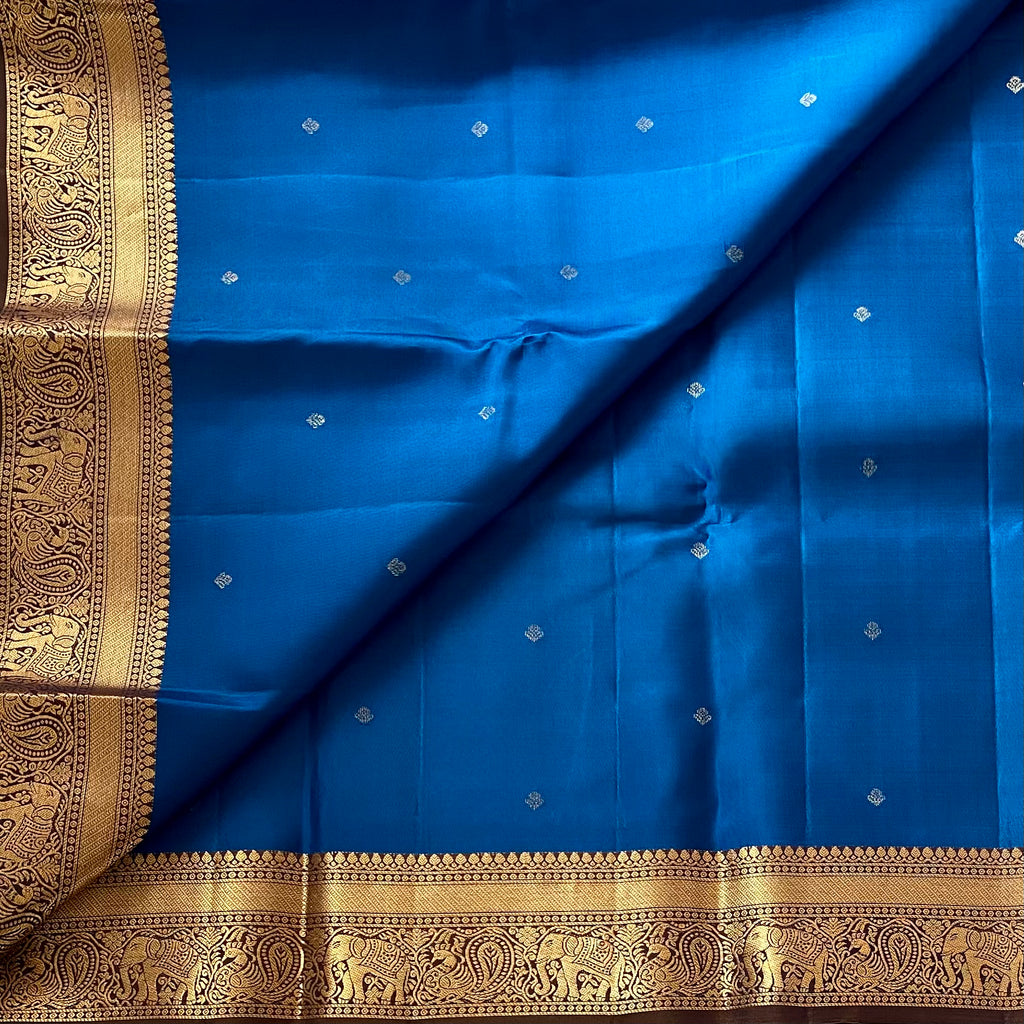 Cobalt Blue Designer Pure Silk Saree Bronze Brown Contrast Pallu