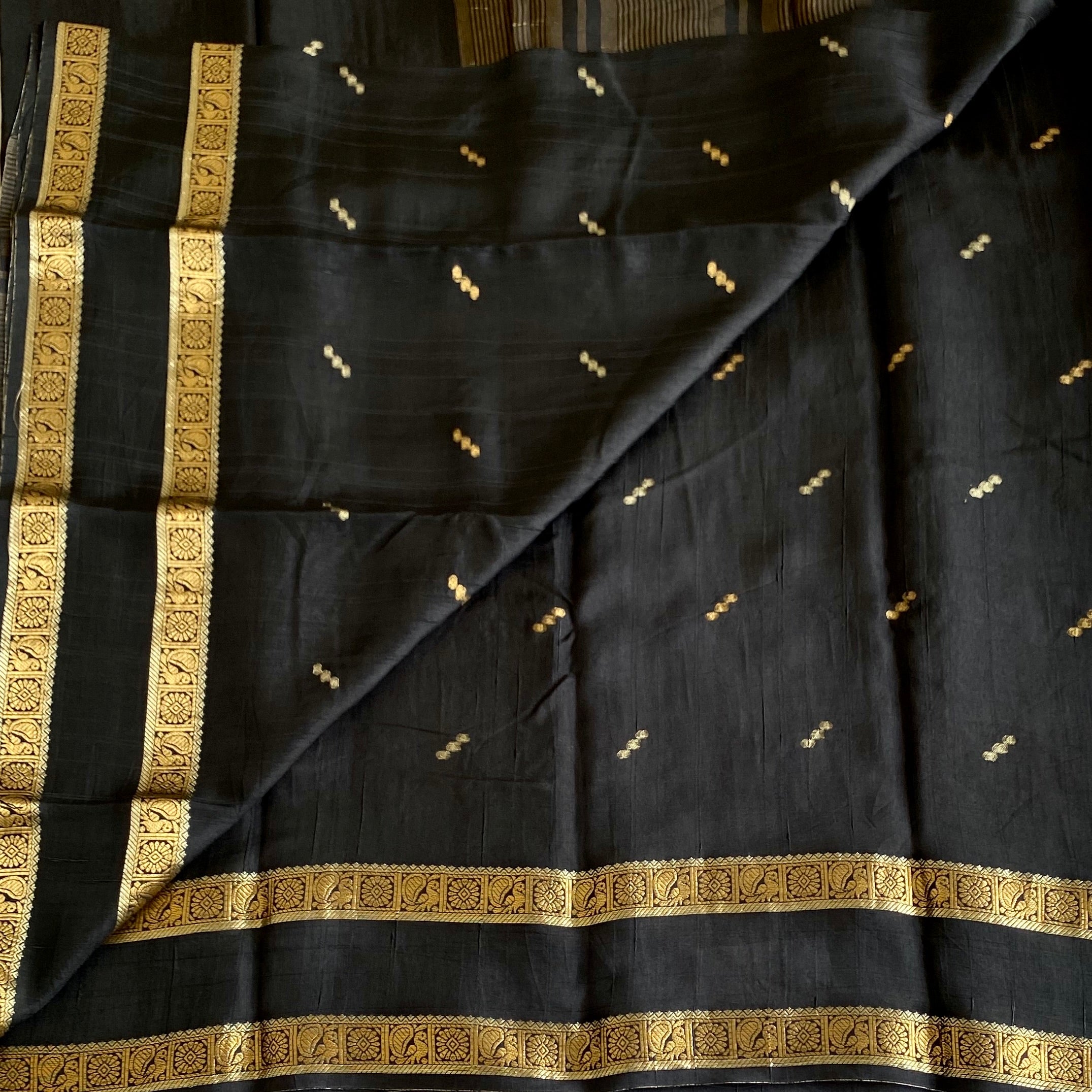 Midnight Blue And Antique Gold Soft Tussar Silk Saree With Striped Pallu