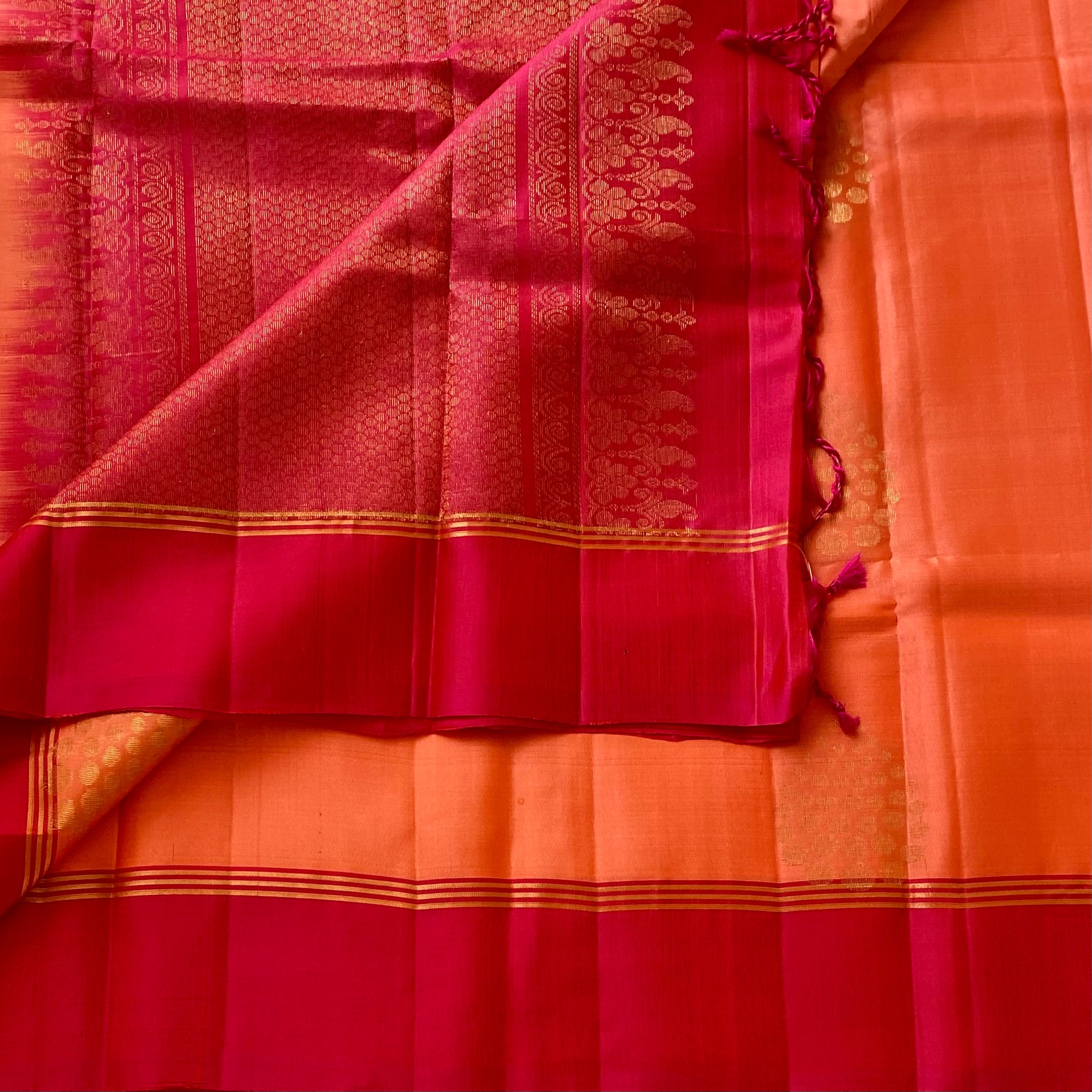 Sorbet Peach Designer Pure Silk With Rose Pink Contrast Pallu