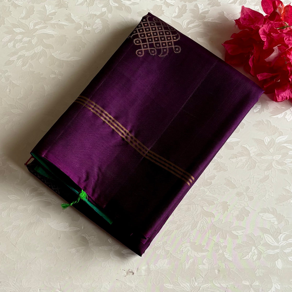 Deep Plum Designer Pure Silk Saree With Turquoise Kollam Stunner
