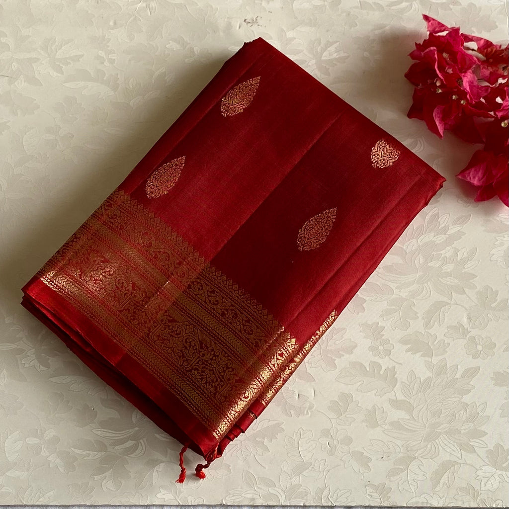 Deep Reddish Maroon Designer Pure Silk Saree With Antique Gold Border