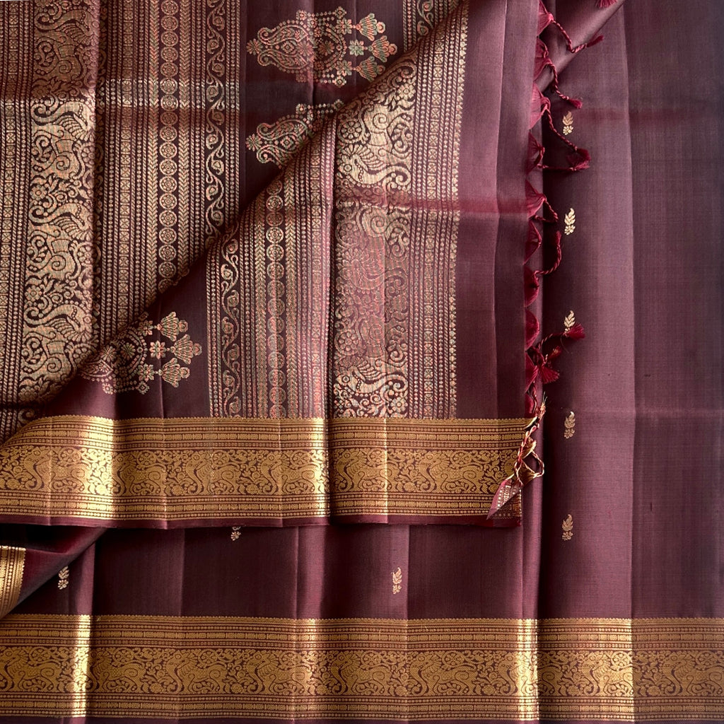 Traditional Deep Burgundy Silk Saree with Antique Gold Zari Border