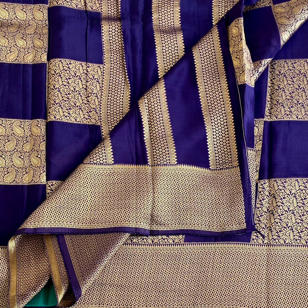 Midnight Navy Soft Crepe Silk Saree With Antique Gold Brocade Checks
