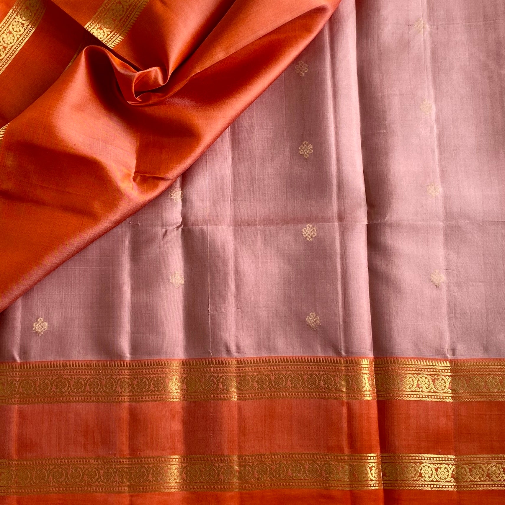 Blush Pink Designer Pure Silk Saree With Sunset Orange Pallu