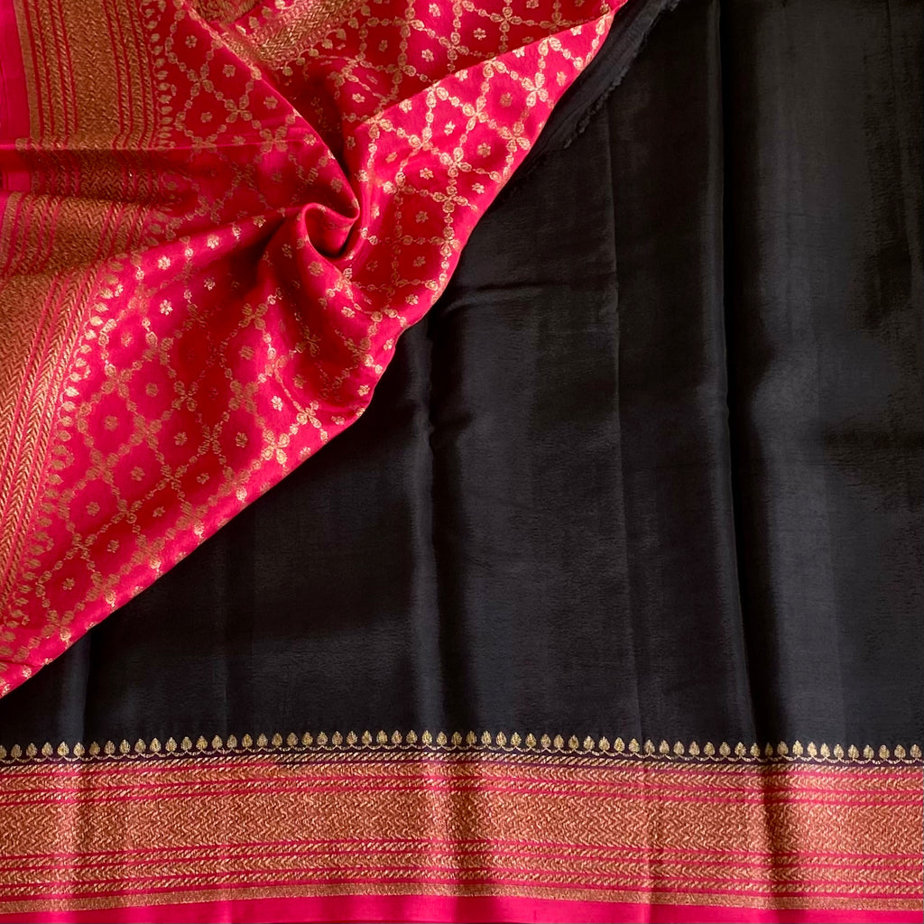Jet Black Banarasi Crepe Silk Saree With Rani Pink Pallu