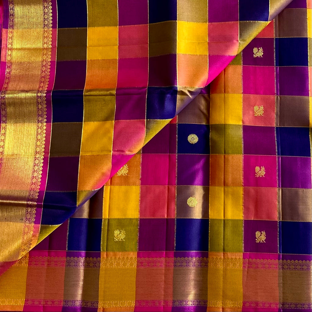 Kanjeevaram Pure Zari Multi Checkered Pink Blue Yellow Royalty