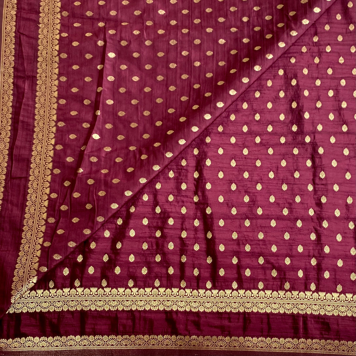 Plum Wine Soft Tussar Silk Saree With Antique Gold Brocade