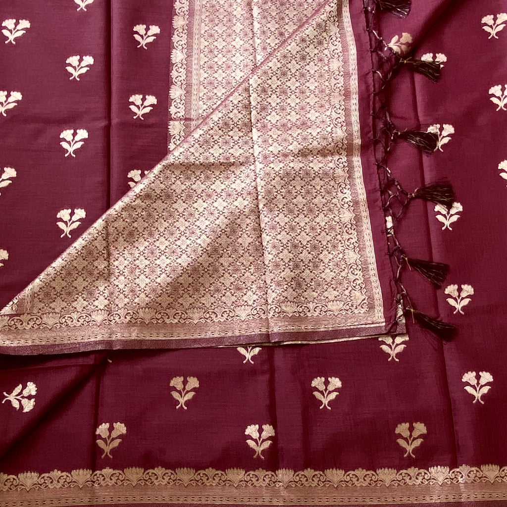 Wine maroon soft tussar with antique silver buttas