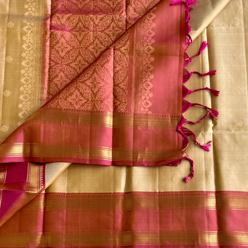 Golden Beige Designer Pure Silk Saree With Soft Rose Pink Pallu Gold Border