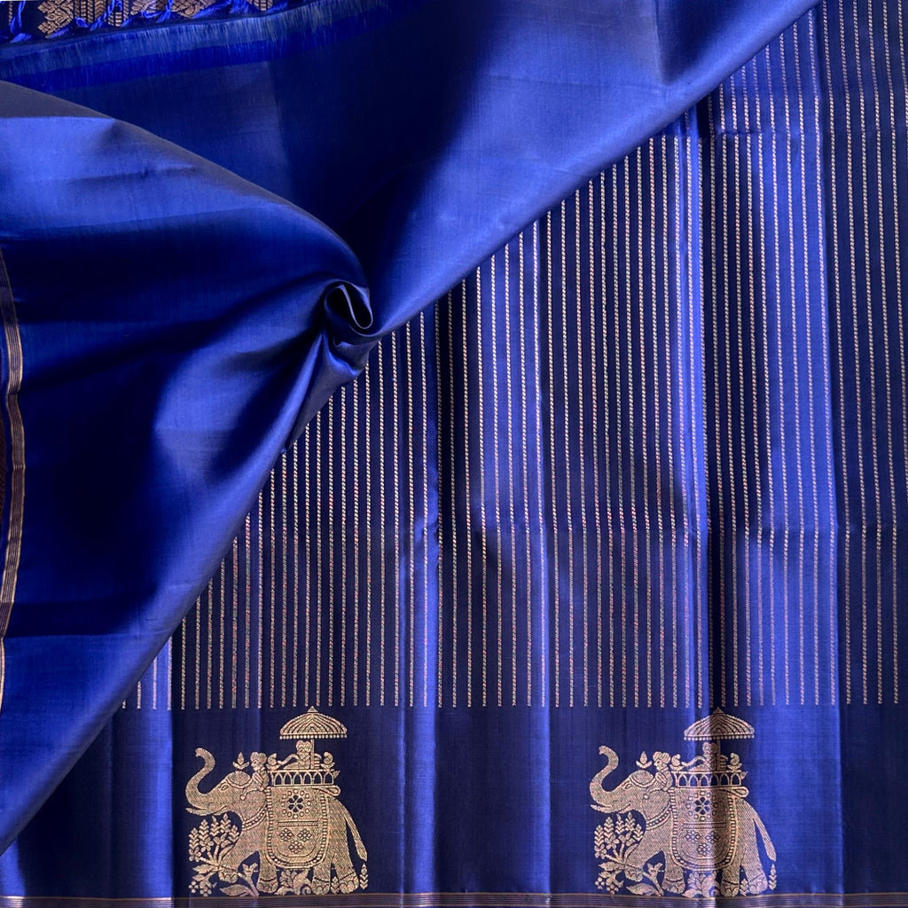 Traditional Royal Blue Saree Antique Gold Elephant Border Brocade Pallu