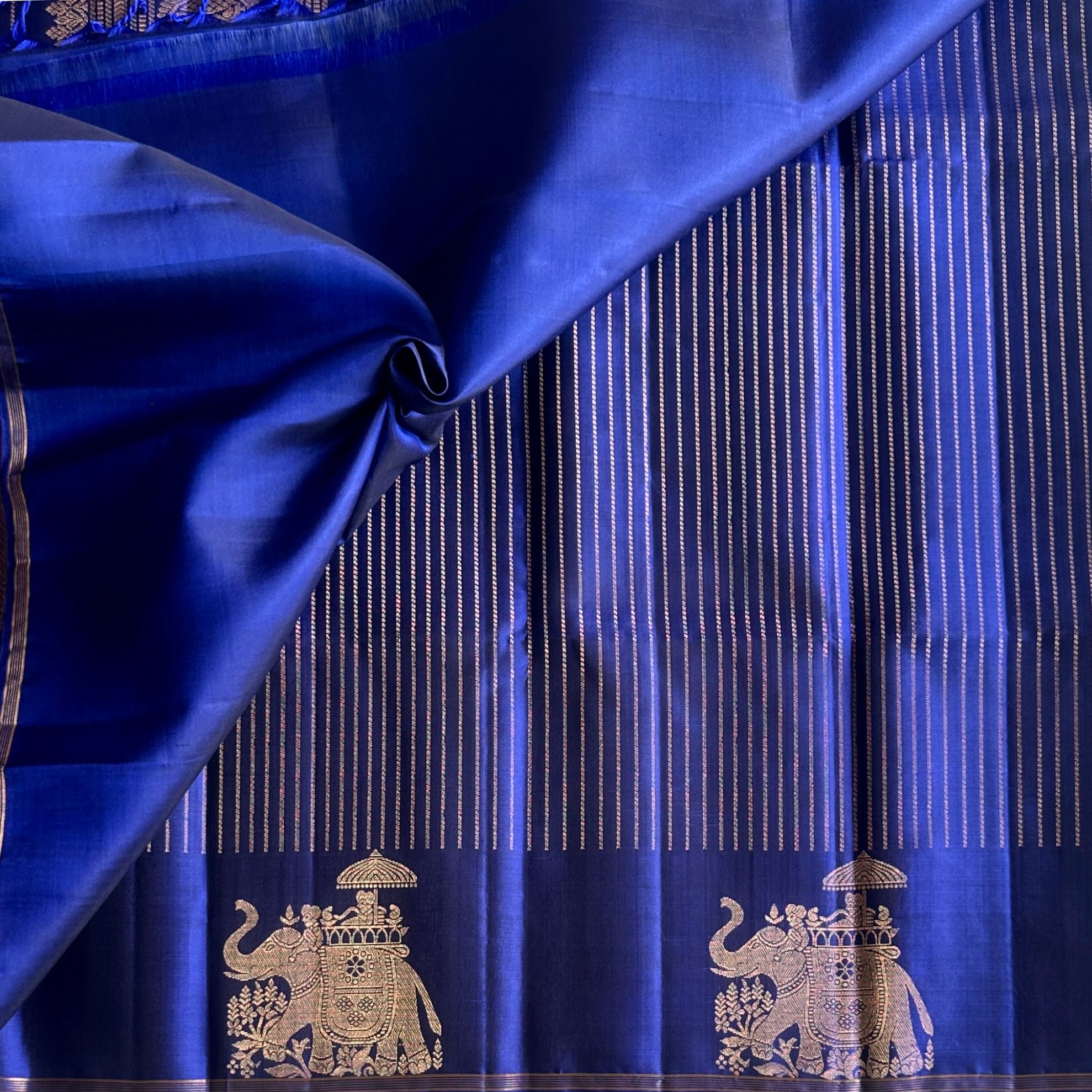 Traditional Royal Blue Saree Antique Gold Elephant Border Brocade Pallu