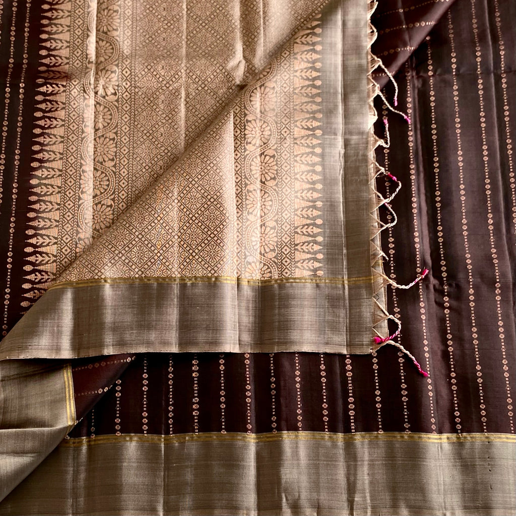 Dark Brown Designer Pure Silk Saree With Taupe Beige Pallu