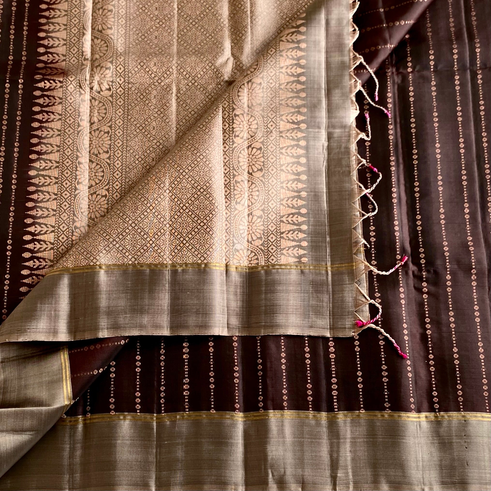 Dark Brown Designer Pure Silk Saree With Taupe Beige Pallu