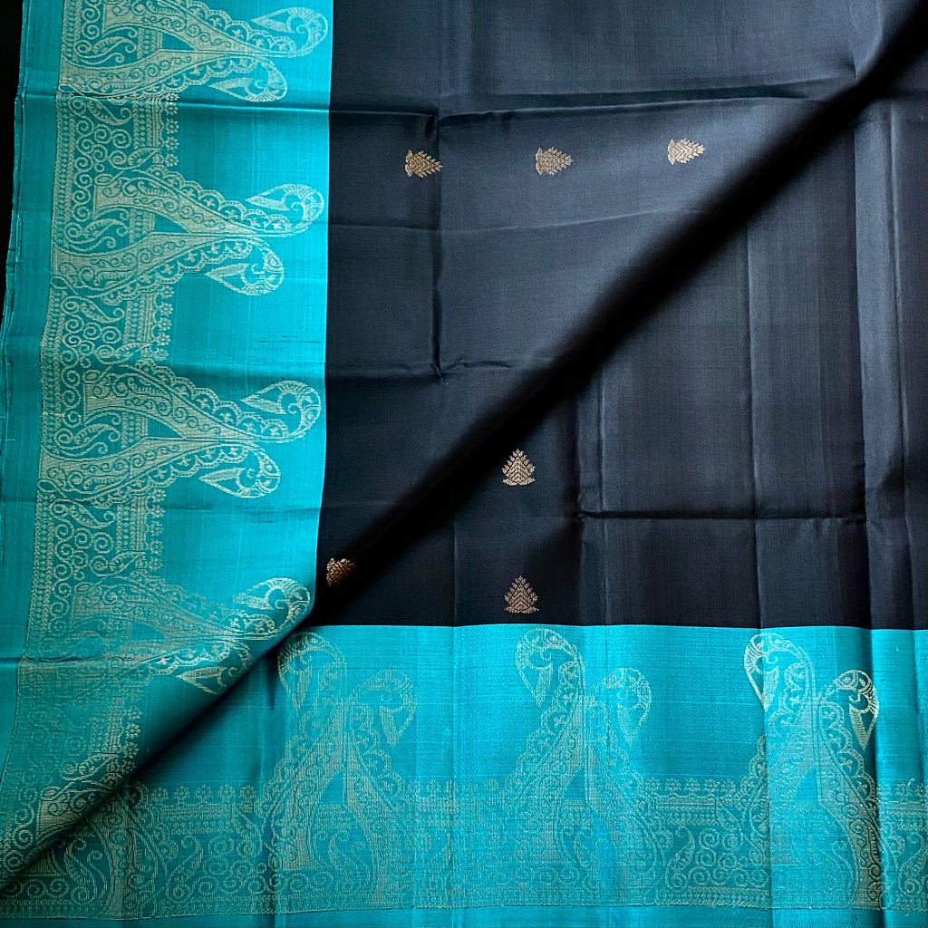 Teal Black Silk Saree Silver Zari Paisley Woven Border Traditional Festive