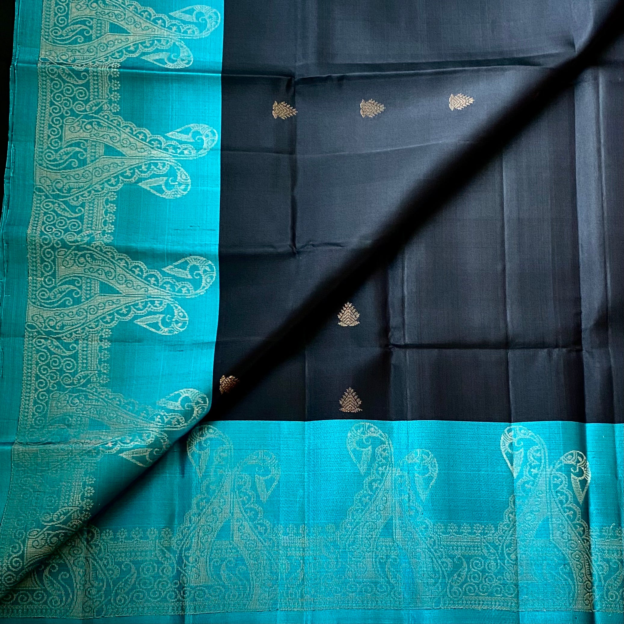 Teal Black Silk Saree Silver Zari Paisley Woven Border Traditional Festive