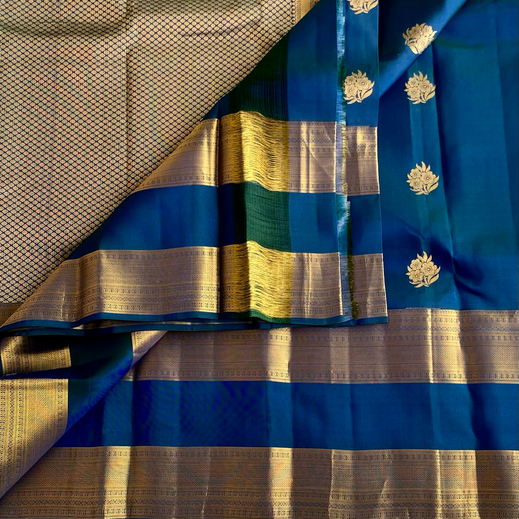 Peacock Blue Designer Pure Silk Saree With Antique Gold Pallu And Border