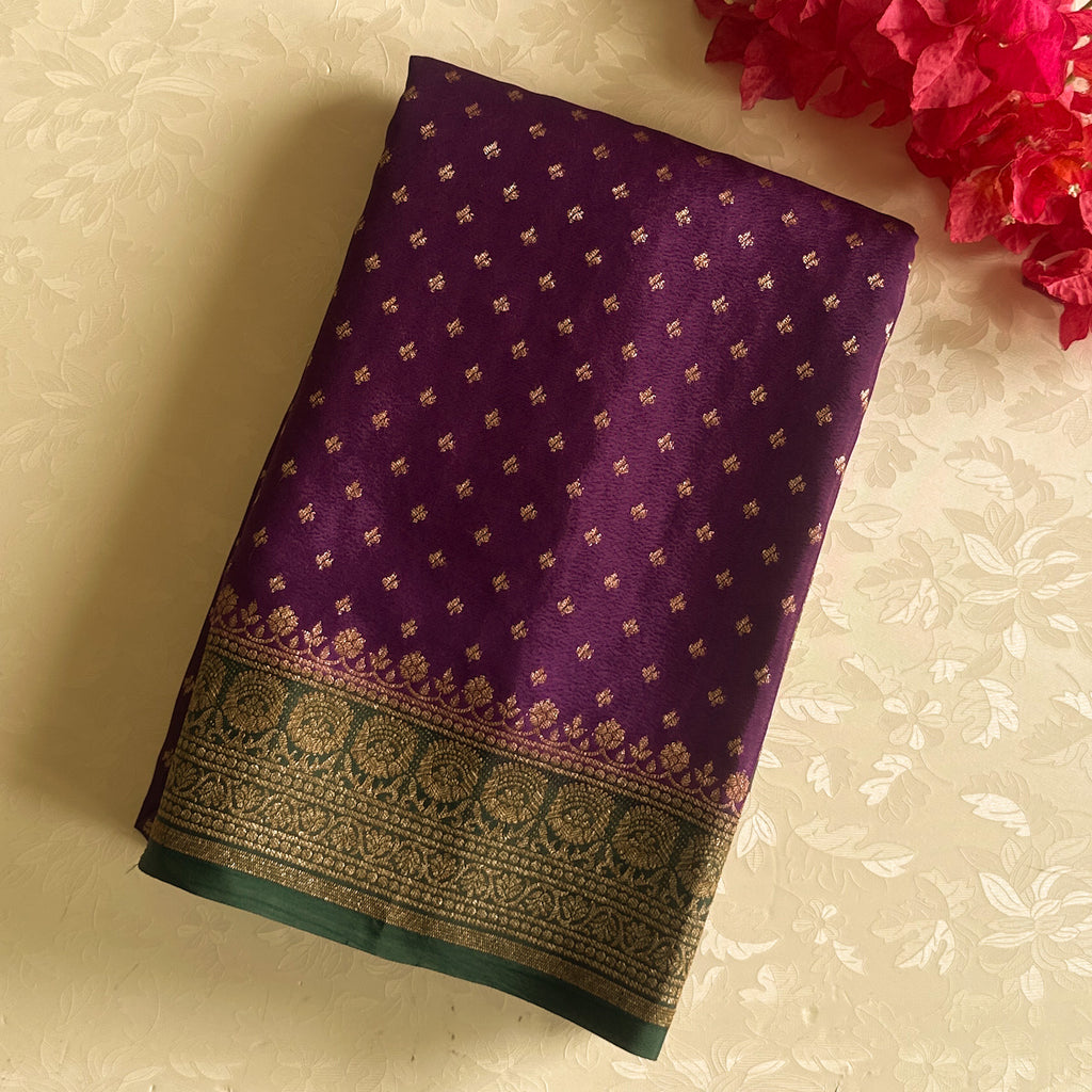 Purple with dark bottle green Banarasi soft crepe silk