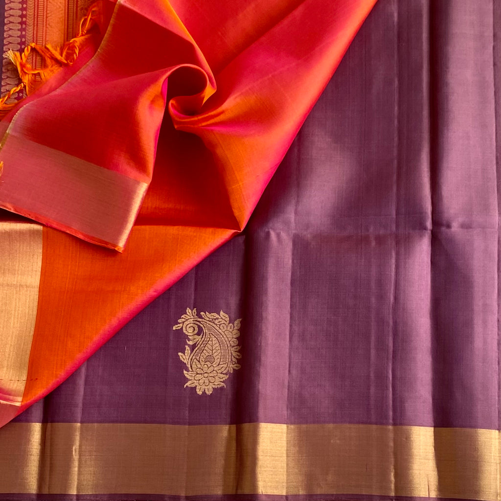 Metallic Lavender Purple Designer Pure Silk Saree With Sunset Orange Pallue