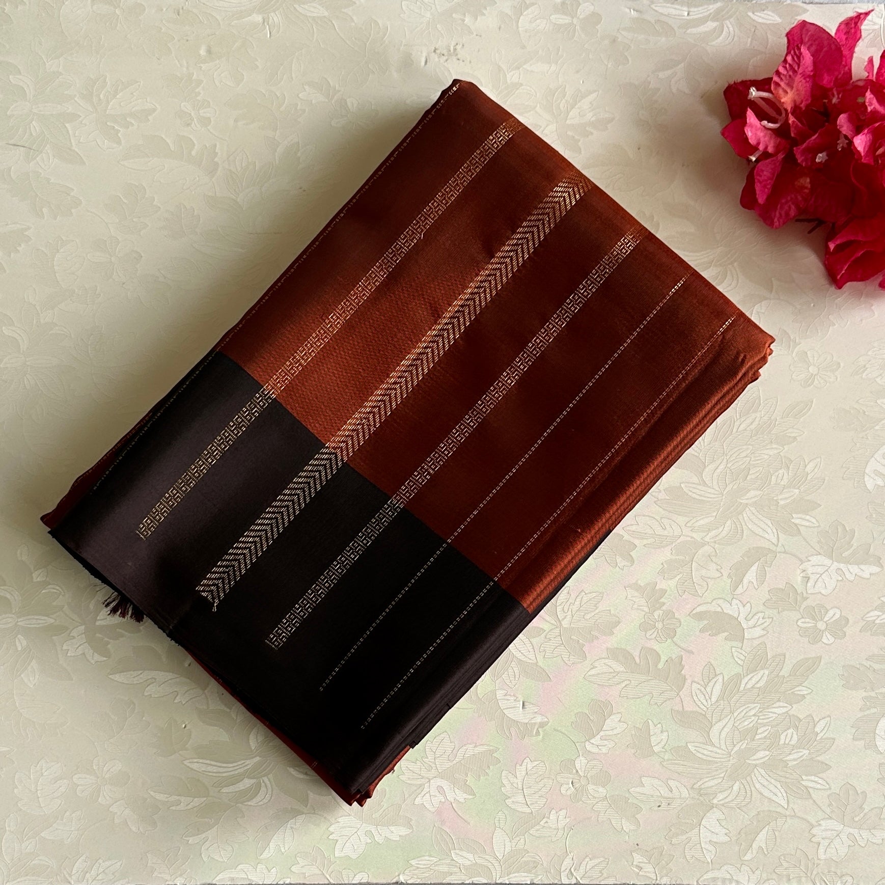 Burnt Orange Designer Pure Silk Saree With Deep Plum Pallu