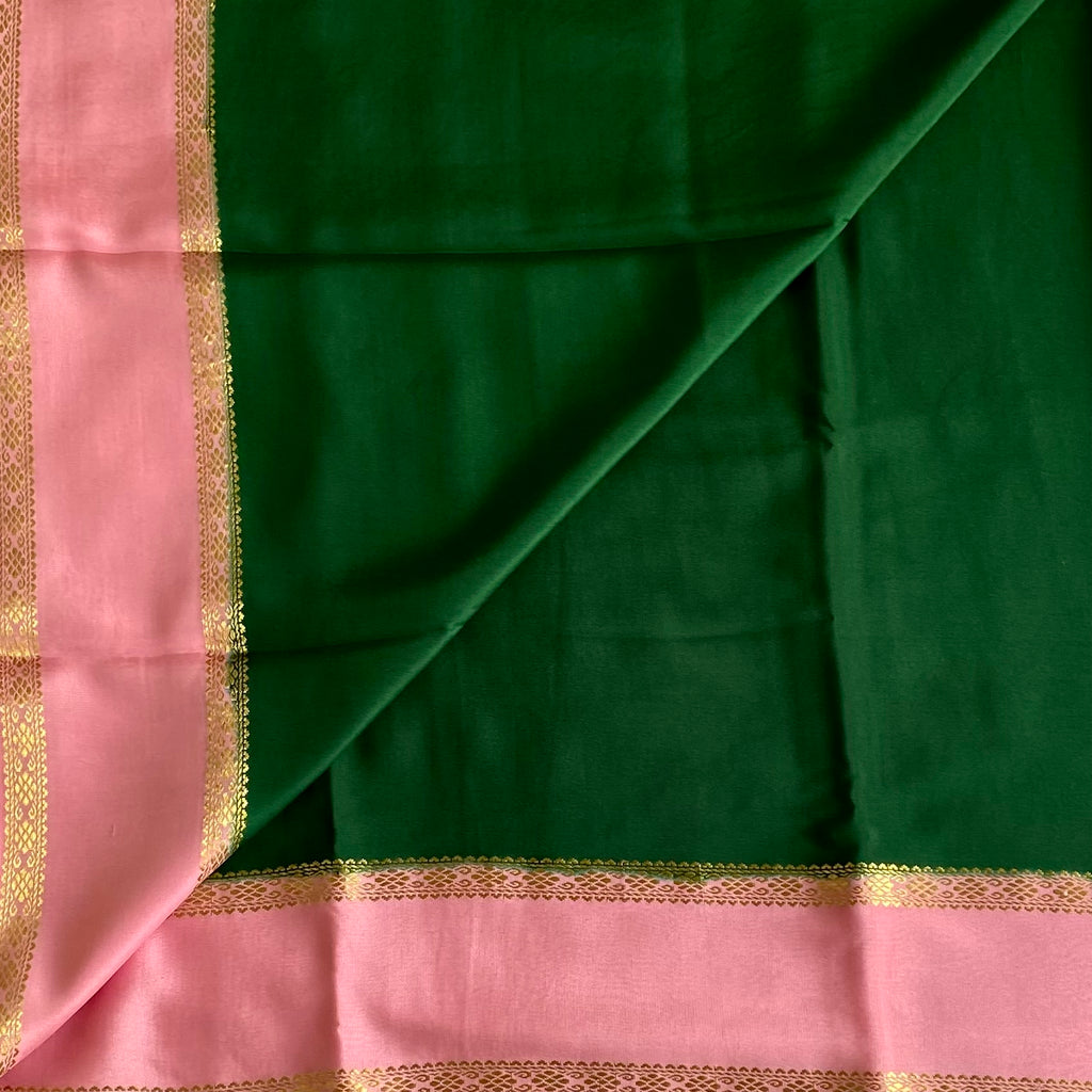 Bottle Green Mysore Crepe Silk Saree With Rose Pink Pallu