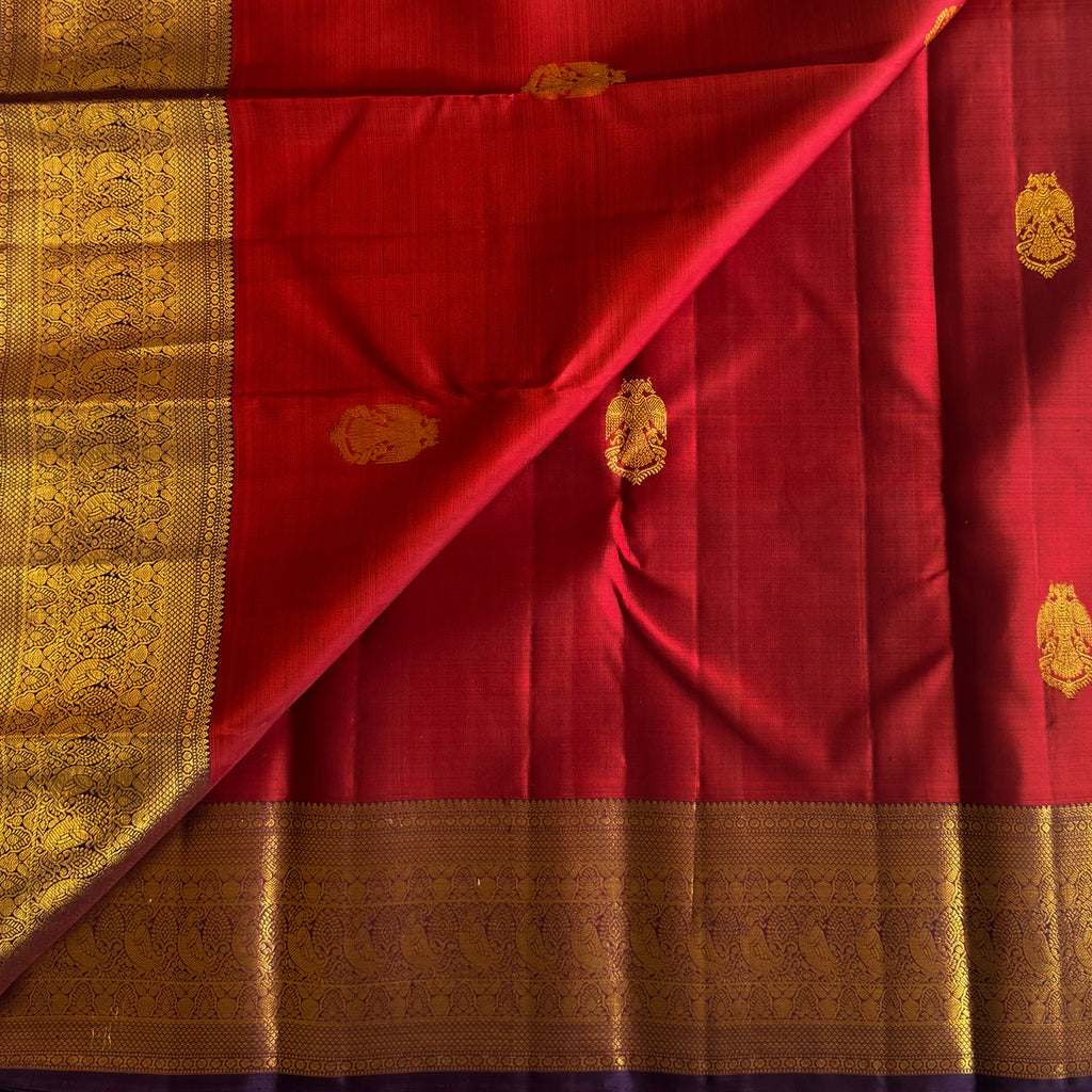 Burgundy Gold Brocade Saree with Royal Blue Contrast Body