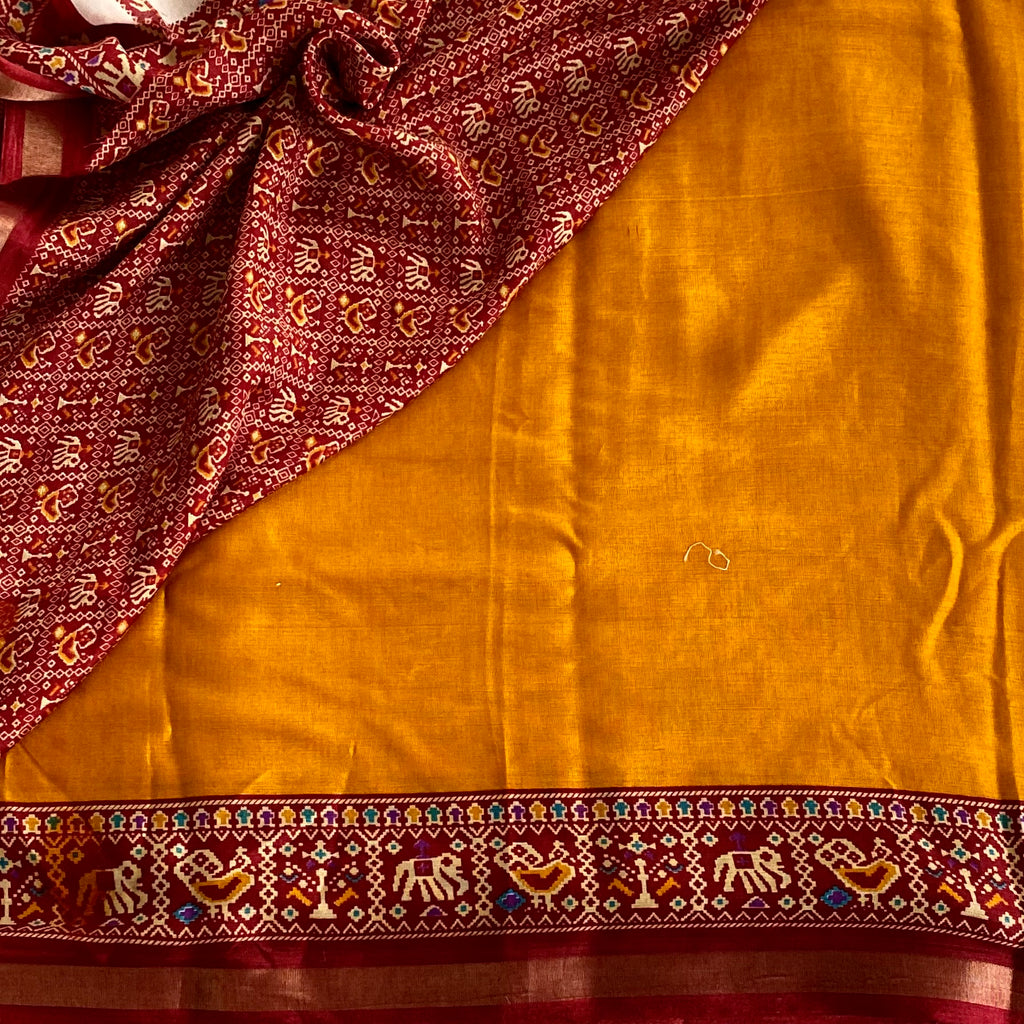 Maroon Mustard Woven Elephant Motif Saree with Golden Zari Border