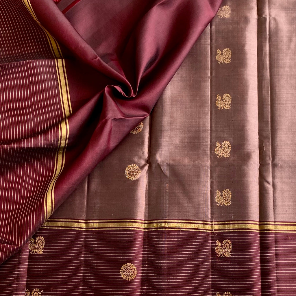 Metallic Light Brown with Wine Brown With Rudraksh & Peacock Buttas