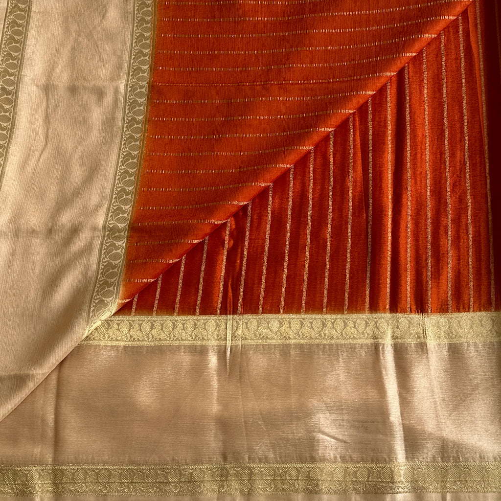Peach Silk Saree with Gold Border Burnt Orange Pallu Woven
