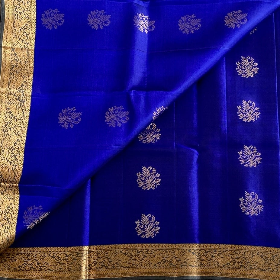 Royal Blue Designer Pure Silk Saree With Charcoal Gray Pallu