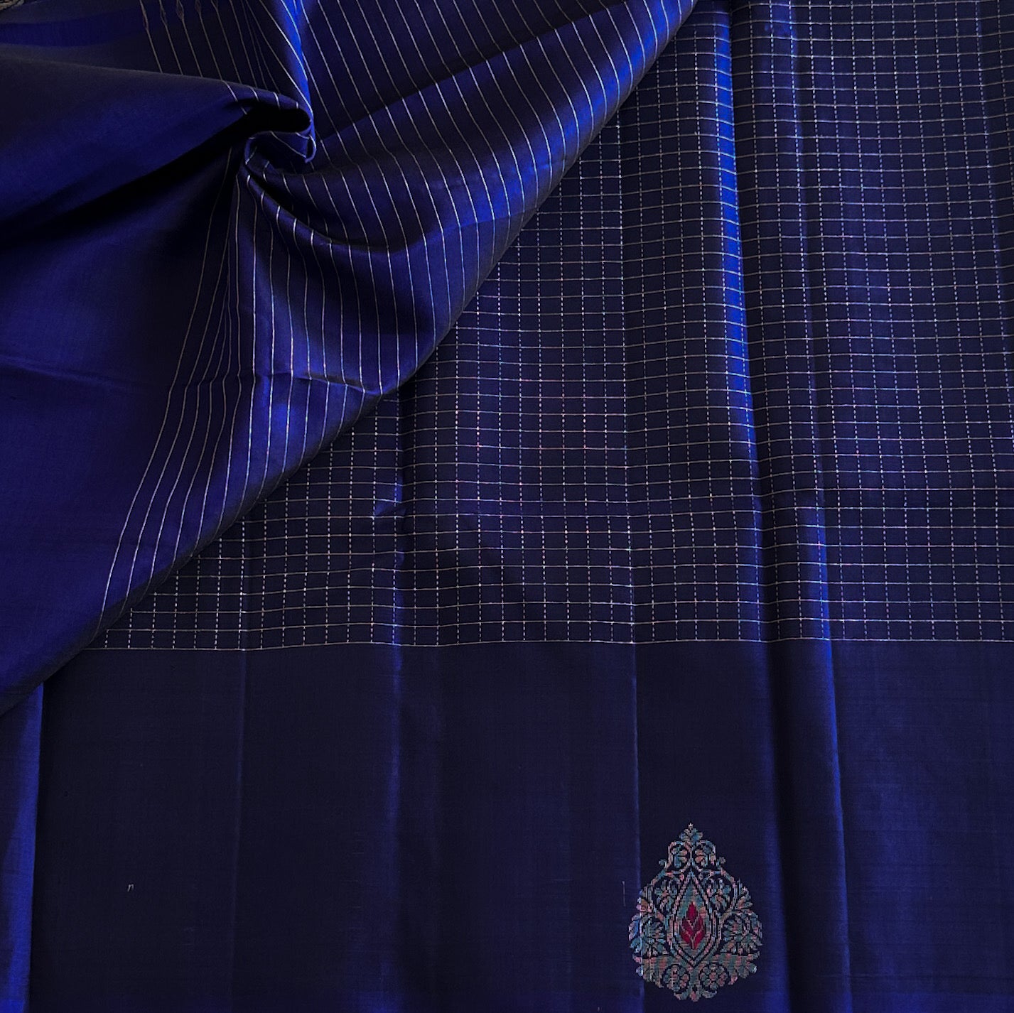 Sapphire Blue Silk Saree Silver Zari Floral Border Paisley Buta