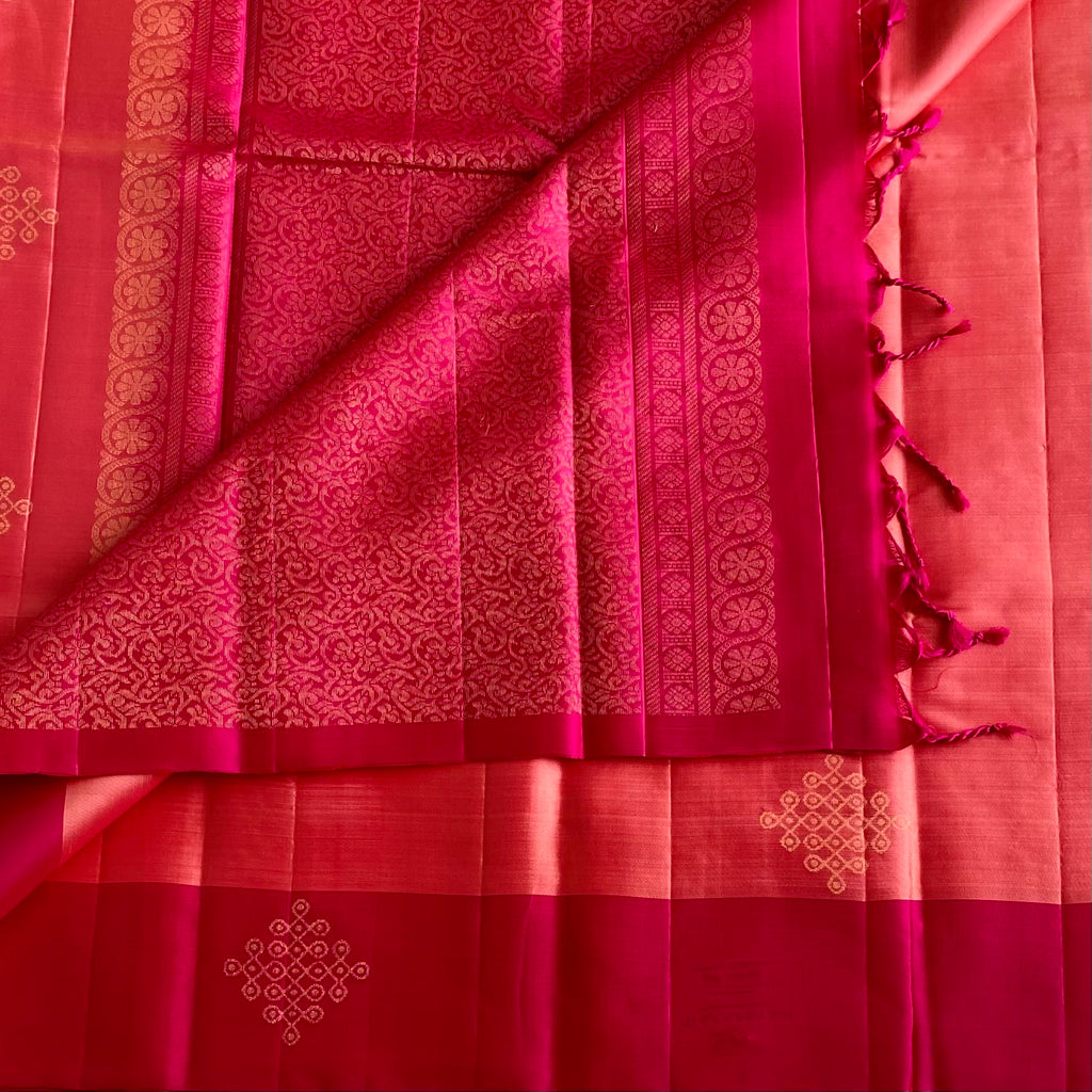 Coral Peach Kollam Designer Pure Silk With Rani Pink Contrast