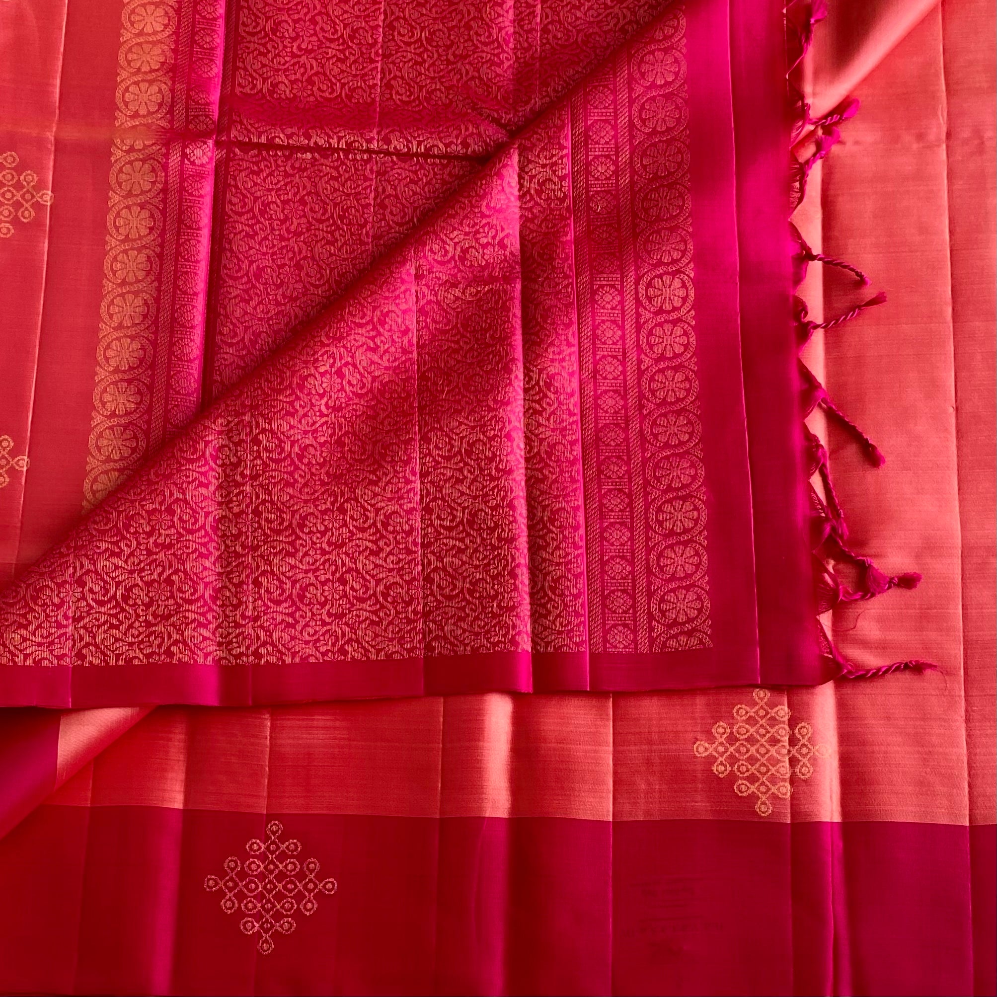 Coral Peach Kollam Designer Pure Silk With Rani Pink Contrast