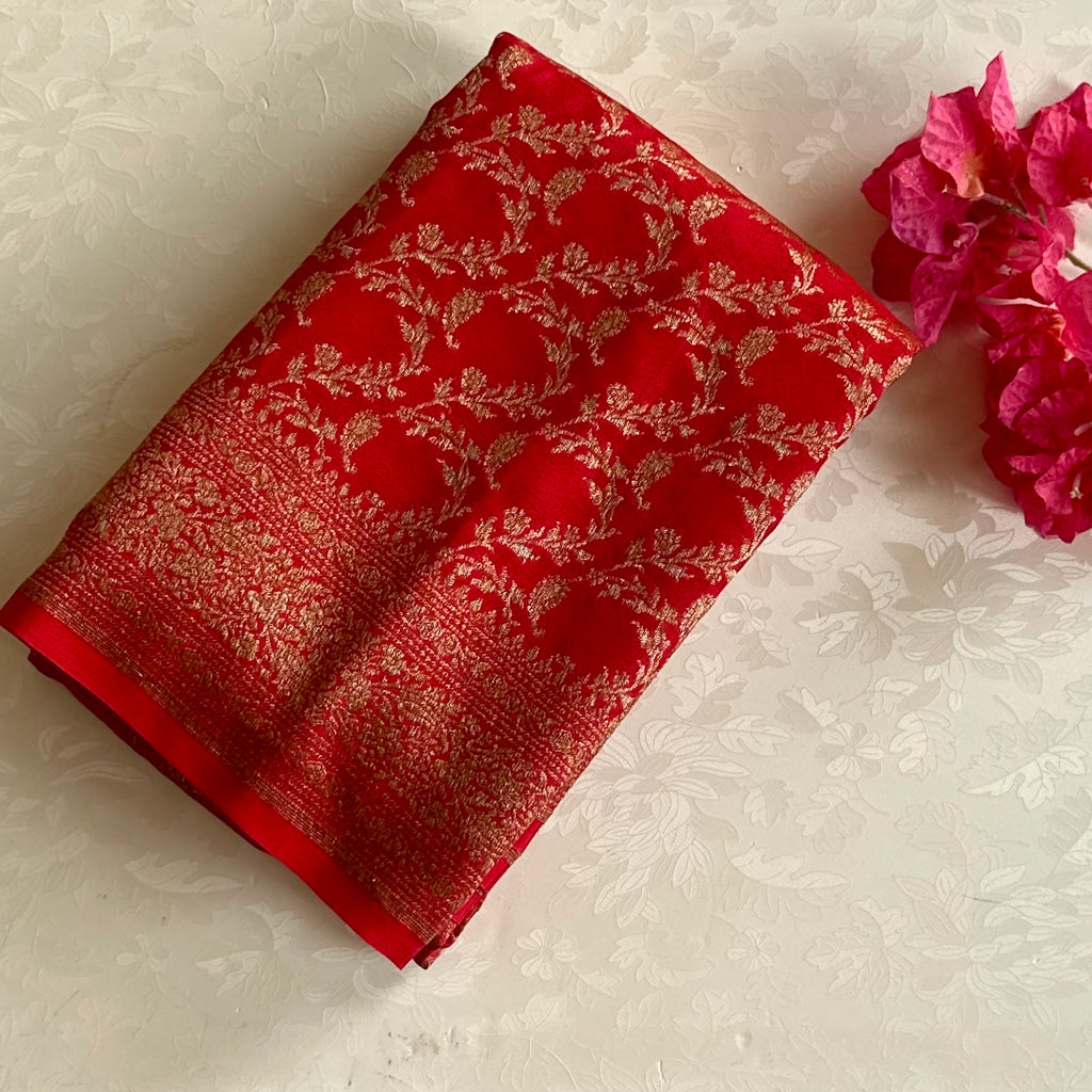 Crimson Soft Crepe Silk With Gold Brocade Floral Border For Weddings