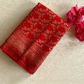 Crimson Soft Crepe Silk With Gold Brocade Floral Border For Weddings