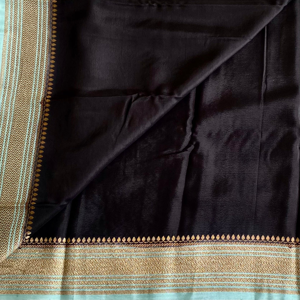 Jet Black Banarasi Crepe Silk Saree Aqua Mint Pallu Gold Border