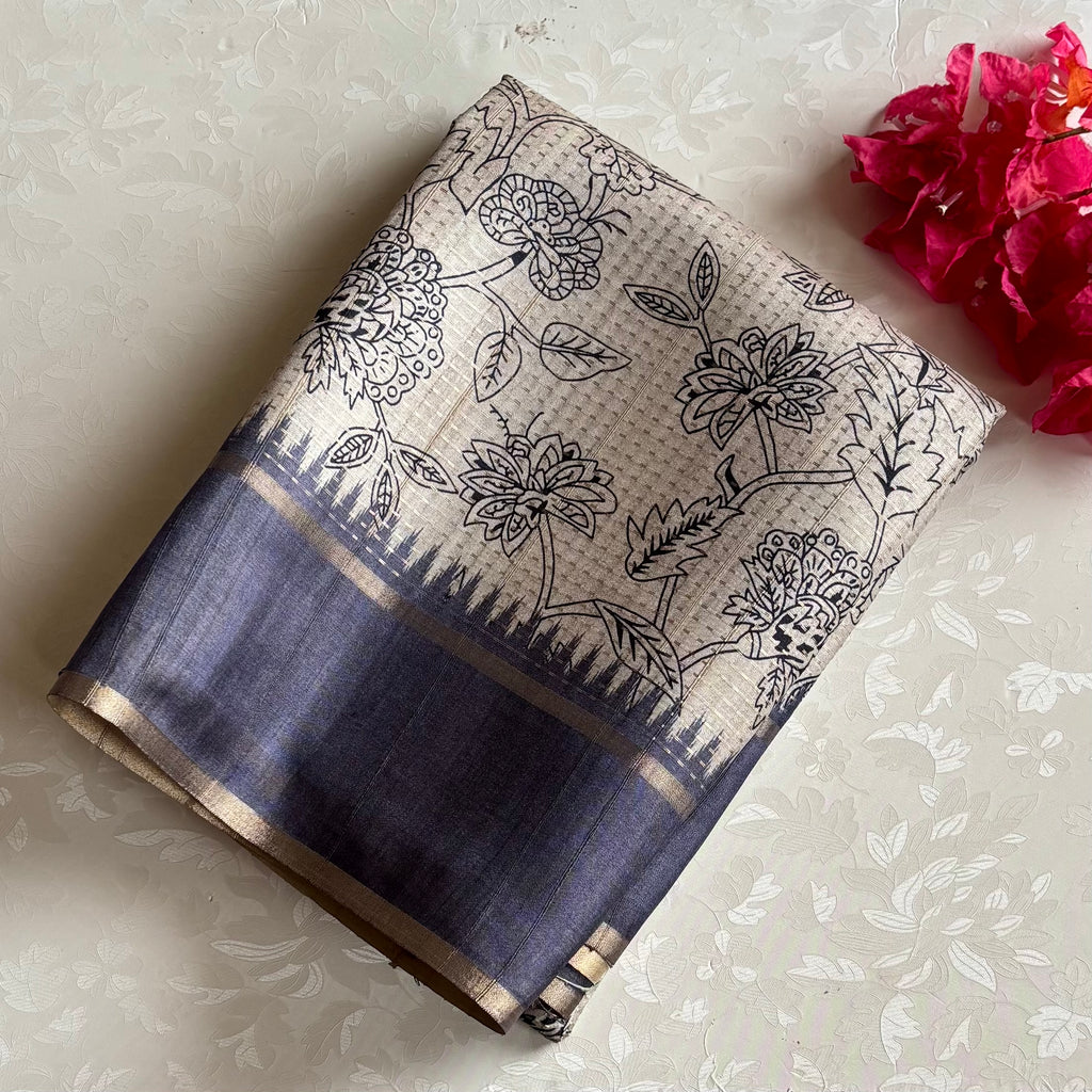 Ecru Beige & Warm Cloud Soft Tussar Silk Saree With Floral Weave