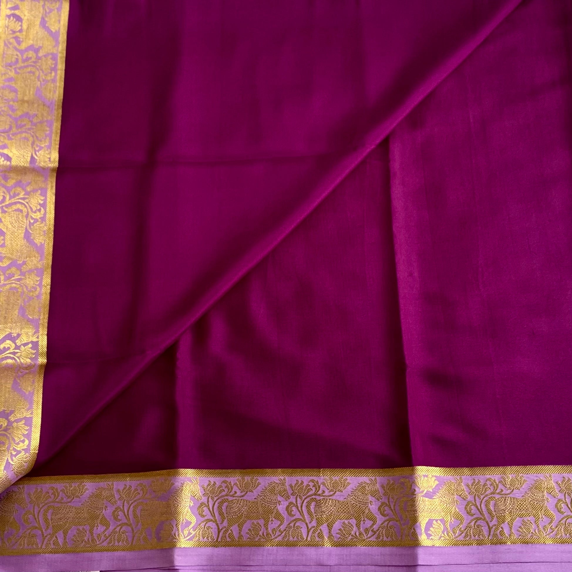 Plum Purple And Lavender Mysore Crepe Silk Saree With Gold Border
