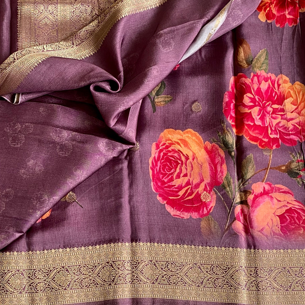 Metallic Lavender Jute Tussar Silk With Antique Zari Pallu & Dreamy Prints