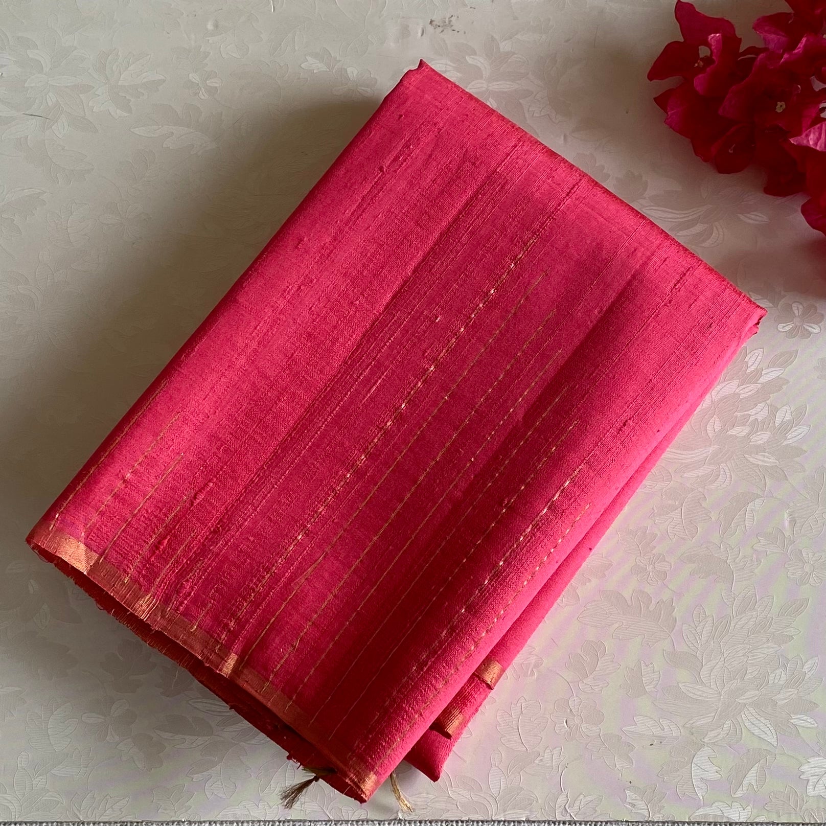 Peach Pink Designer Pure Raw Silk Saree With Jet Black Pallu Gold Stripes