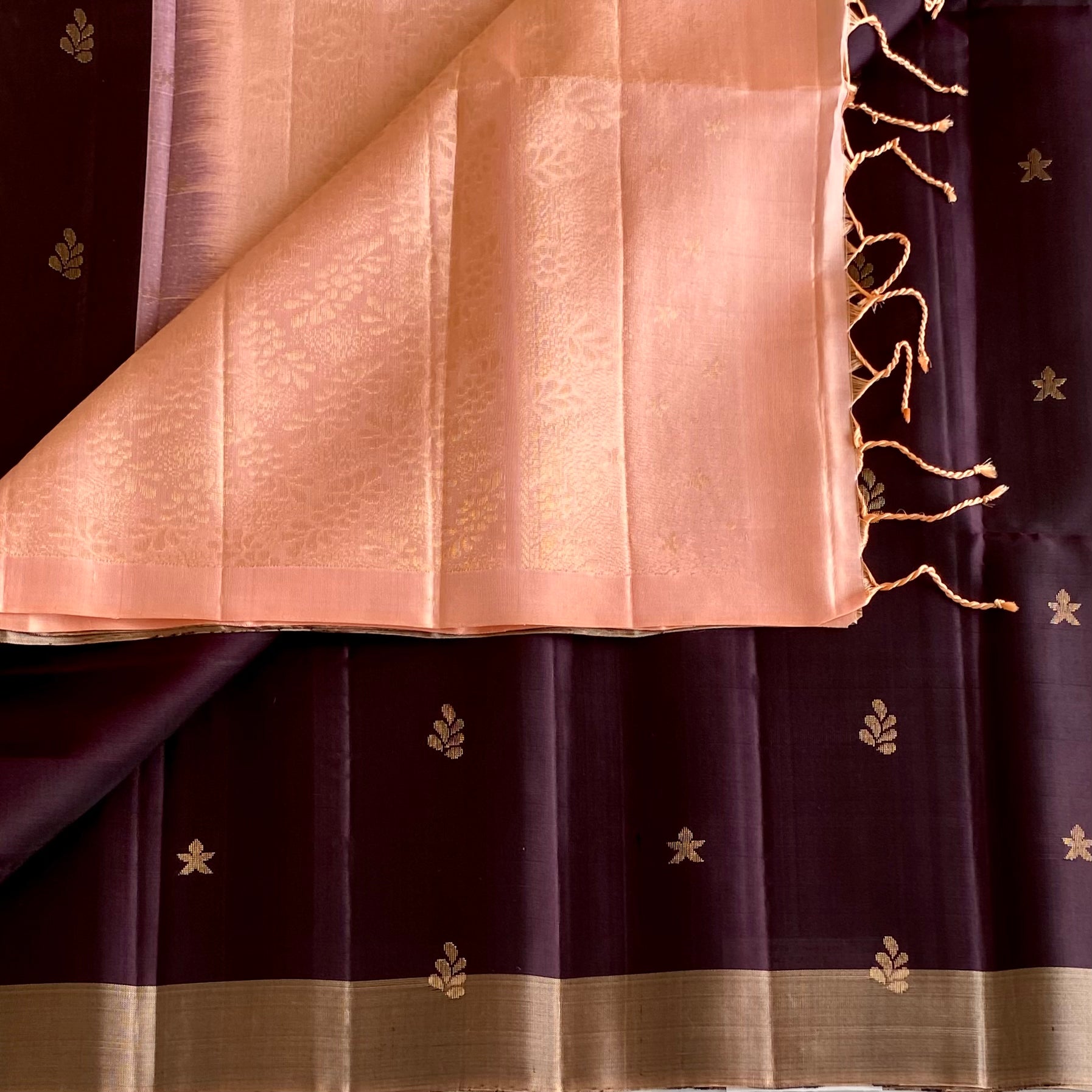 Deep Plum Designer Pure Silk Saree With Blush Peach Pallu