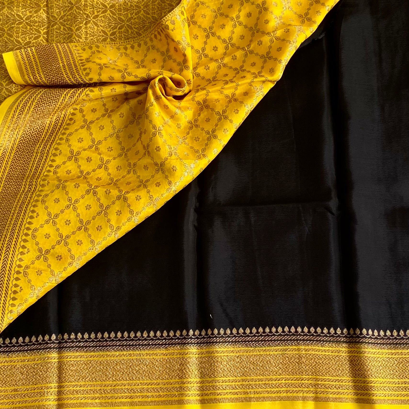 Jet Black Banarasi Crepe Silk Saree With Sunflower Yellow Pallu