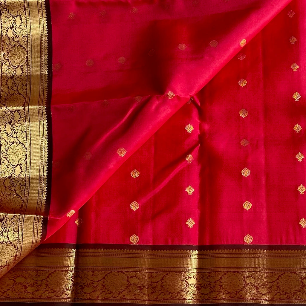 Tomato red with Wine Brown Designer Pure silk with Rich Borders