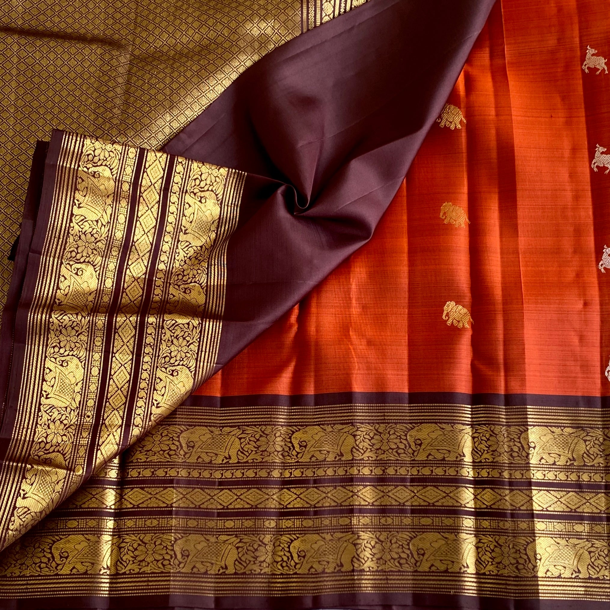Vintage Rust Kanjeevaram Pure Zari Silk Saree With Deep Coffee Pallu