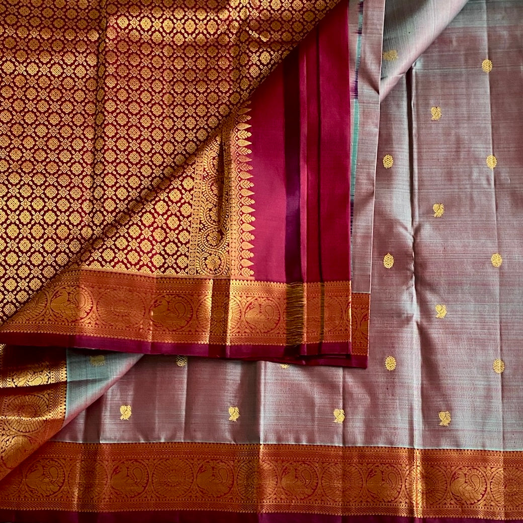 Dual Shaded Mauve Grey Kanjeevaram Pure Zari Silk With Magenta Pallu