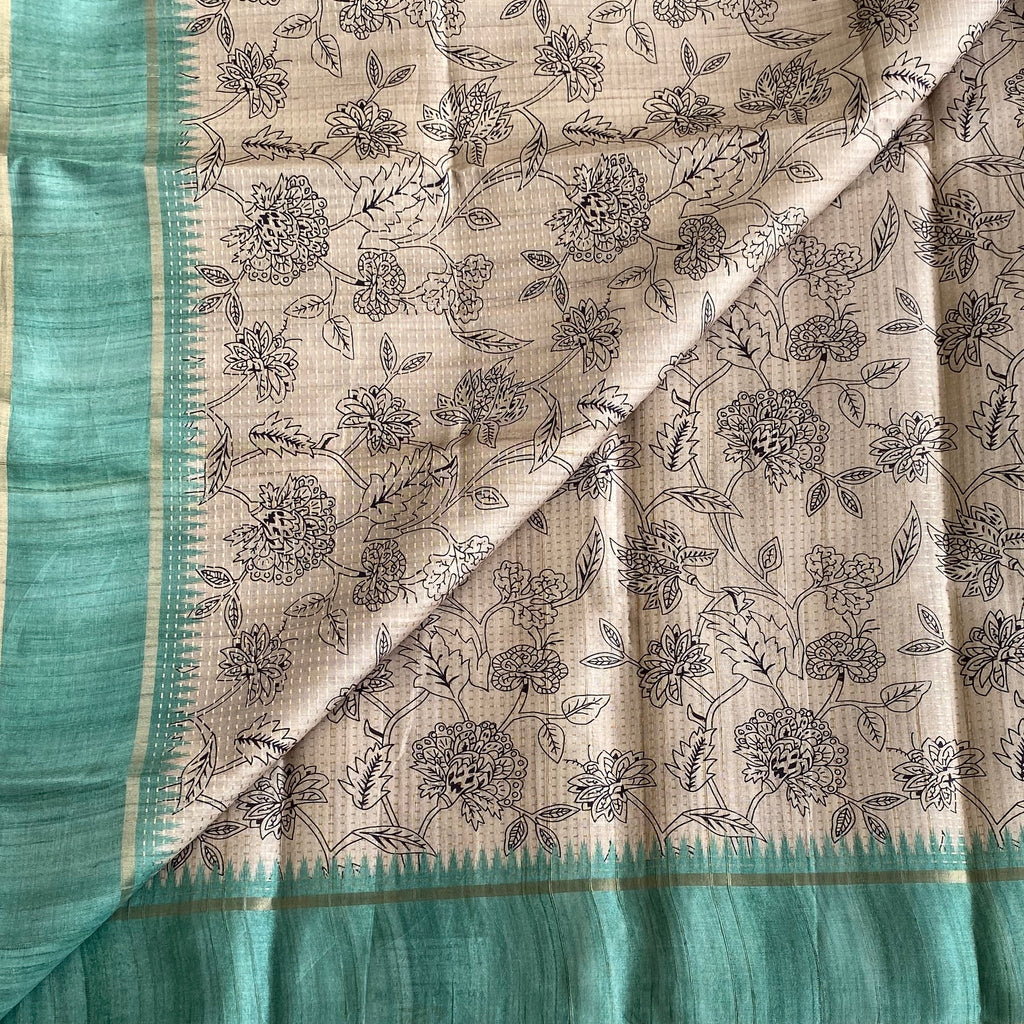 Ecru Beige & Sea Green Soft Tussar Silk Saree With Floral Weave