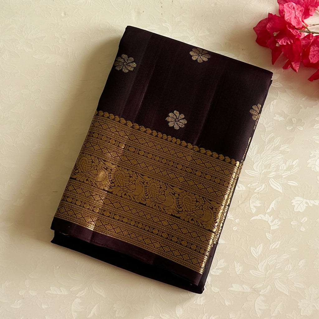 Eggplant Purple Silk Saree Antique Gold Zari Floral Border Pallu