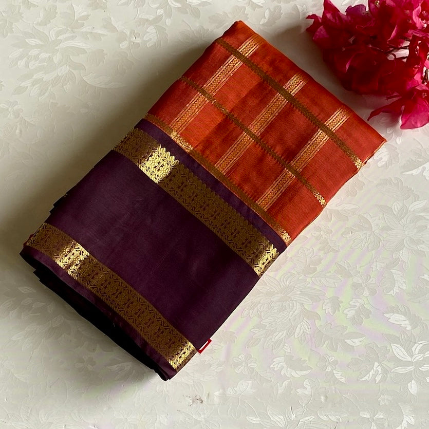 Classic Rust Orange With Coffee Brown Checkered Pure Silk Elegance