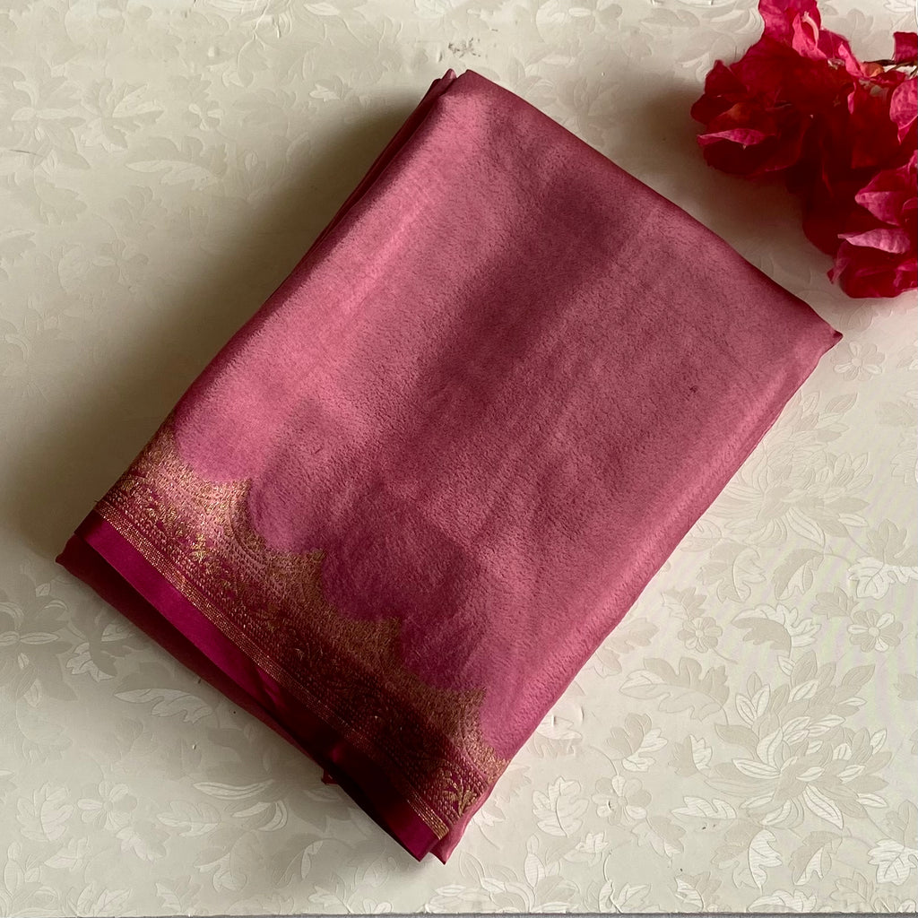 Banarasi Crepe Silk Dusty Rose Saree With Deep Magenta Pallu