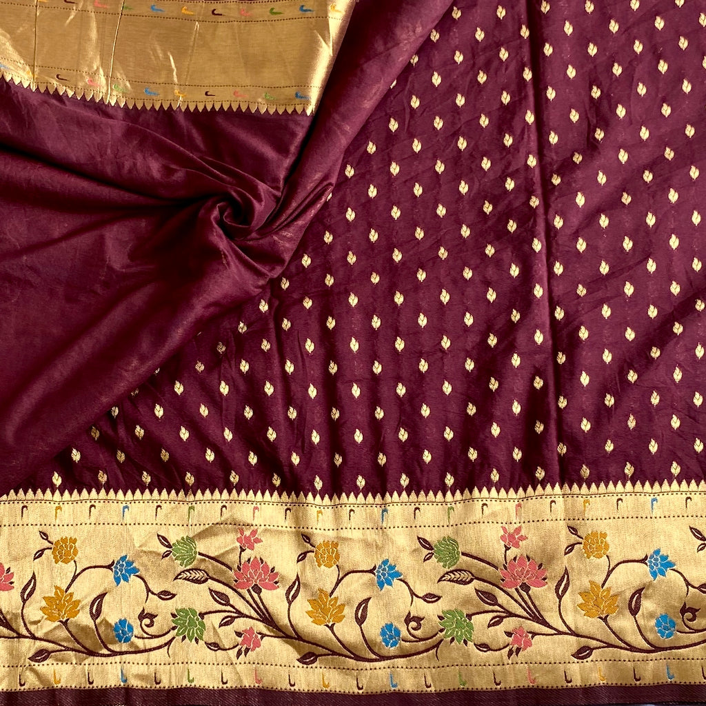 Deep Chocolate Wine Soft Crepe Silk Saree With Antique Gold Pallu Floral Border